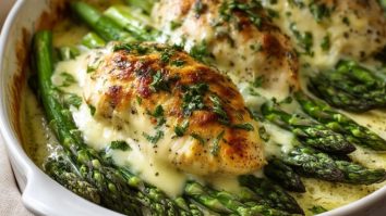 Cremiges Überbackenes Hähnchen mit Spargel