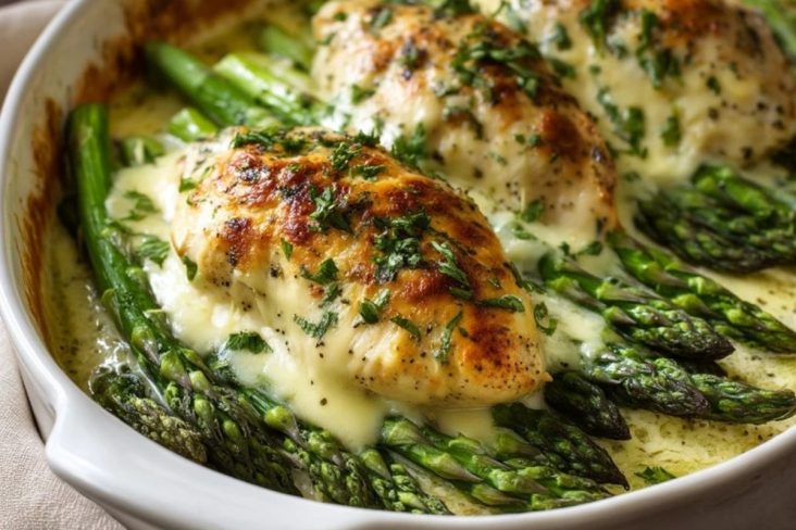 Cremiges Überbackenes Hähnchen mit Spargel
