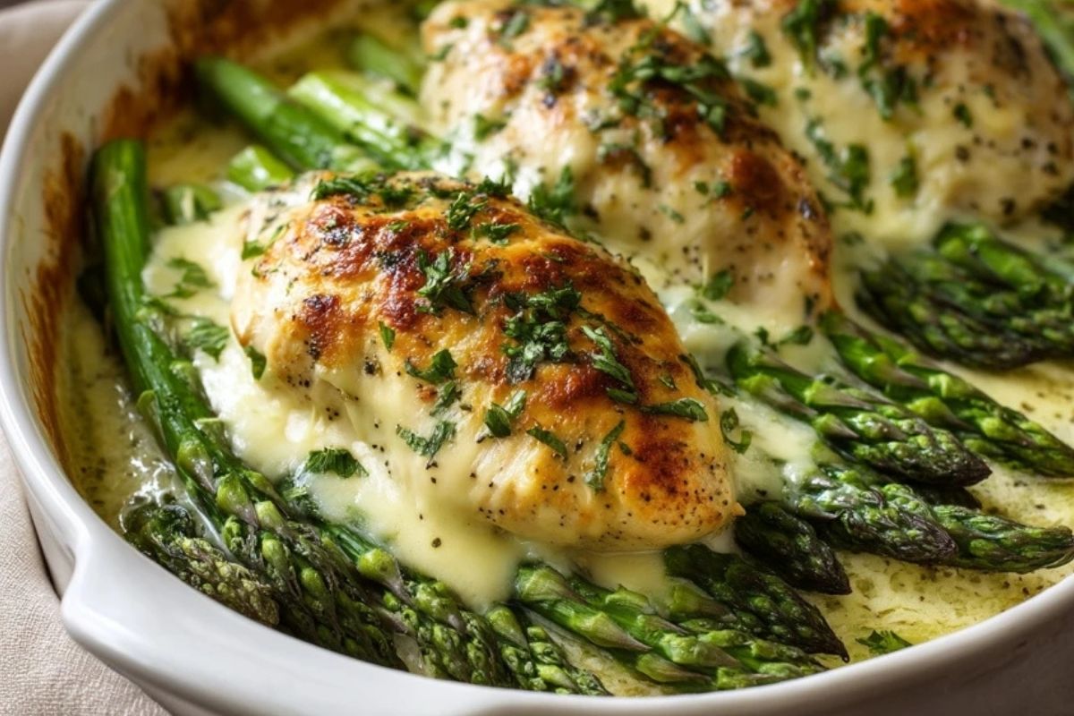 Cremiges Überbackenes Hähnchen mit Spargel