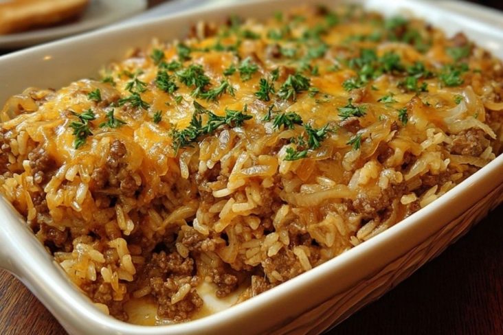 Französische Zwiebel-Hackfleisch-Reis-Auflauf