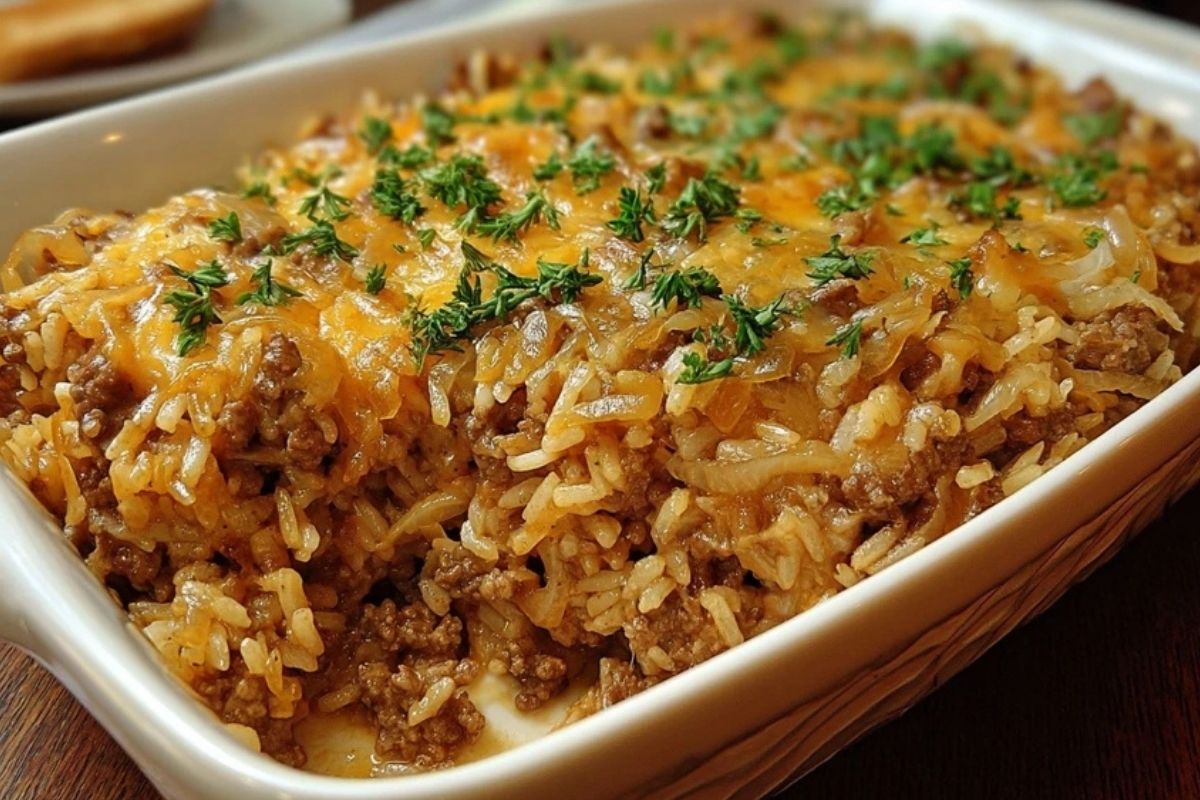 Französische Zwiebel-Hackfleisch-Reis-Auflauf