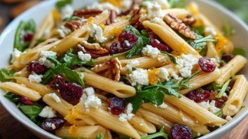 Gesunder Penne-Salat mit Feta, Cranberries und Orangen-Vinaigrette