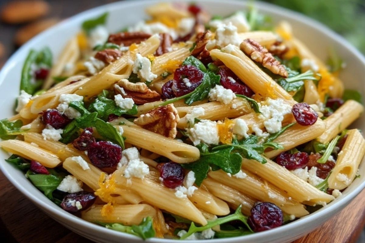 Gesunder Penne-Salat mit Feta, Cranberries und Orangen-Vinaigrette