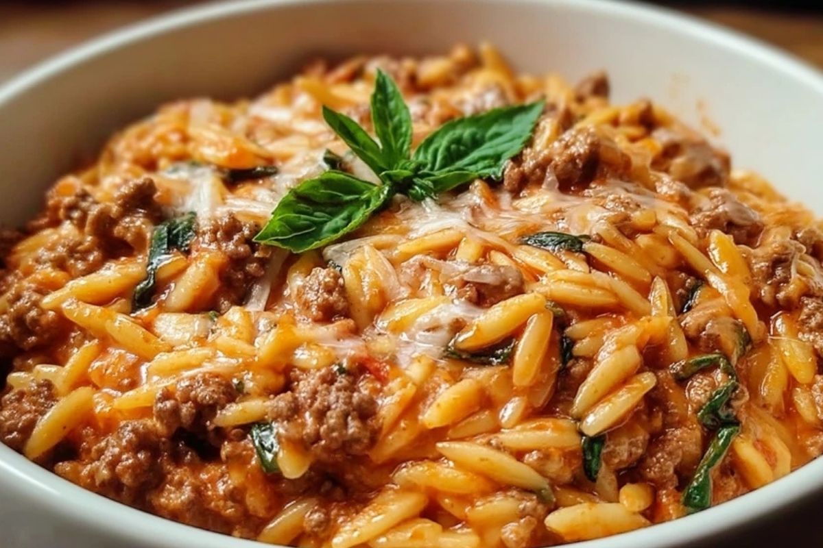 Hackfleisch-Orzo mit Tomaten-Sahnesauce