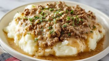 Hackfleisch mit Bratensoße auf Kartoffelpüree