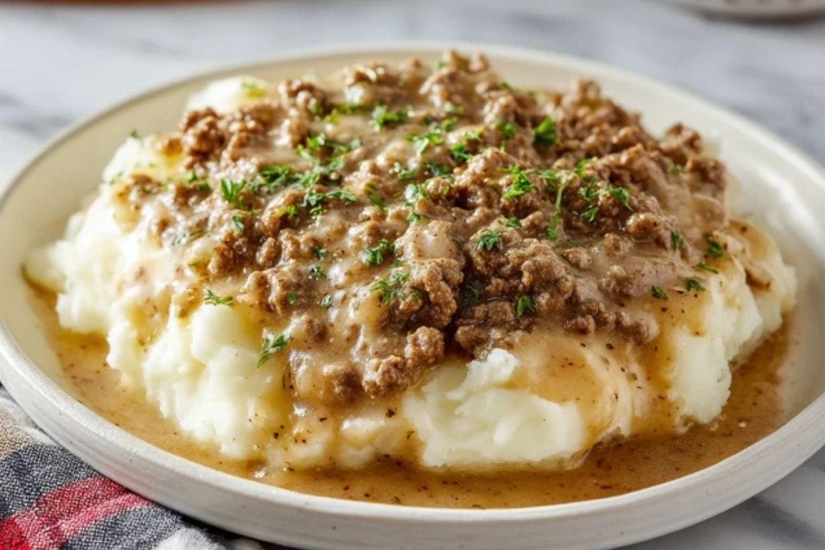 Hackfleisch mit Bratensoße auf Kartoffelpüree
